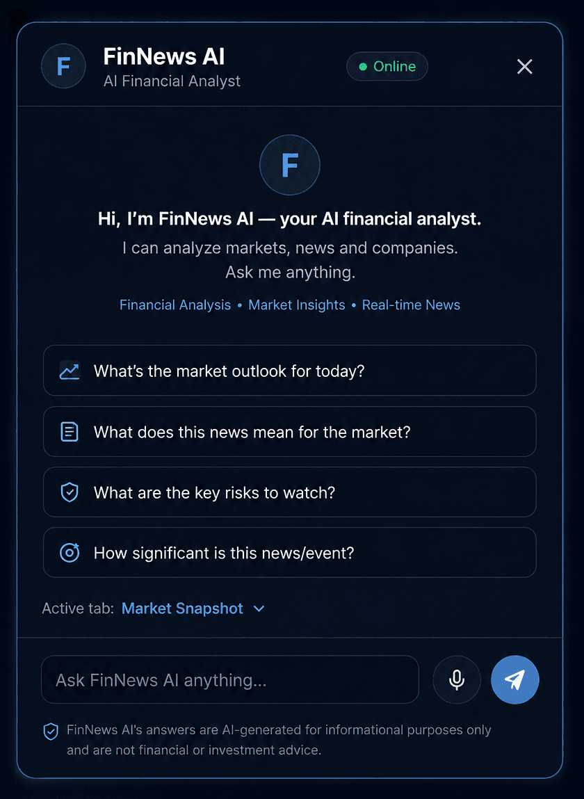 Finn AI financial analyst chat answering questions about a specific stock's near-term outlook and risks