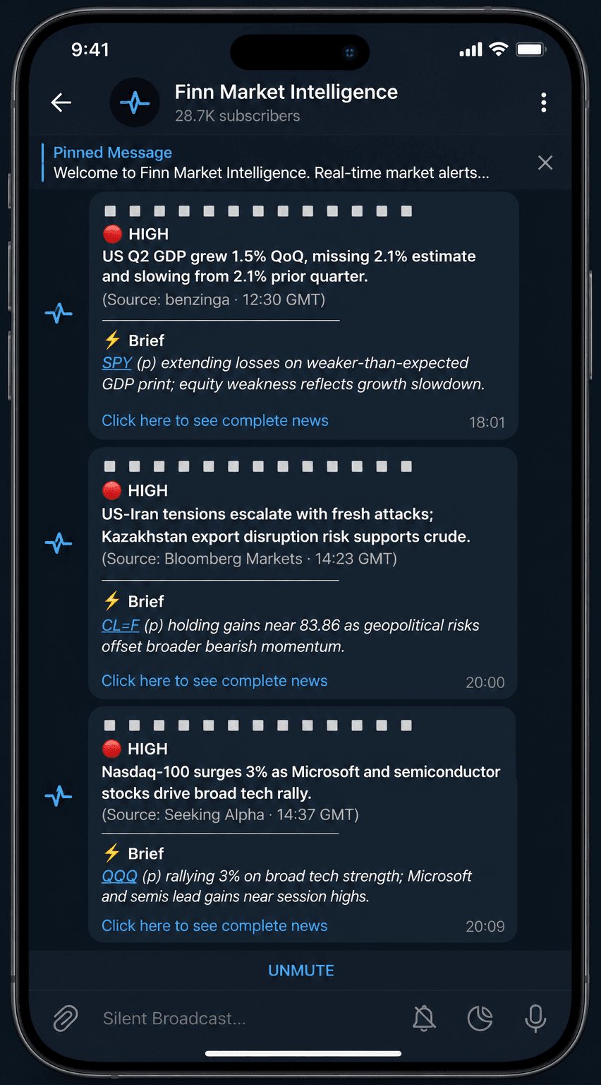 Finn alert showing a market-moving news brief with source, ticker and impact analysis